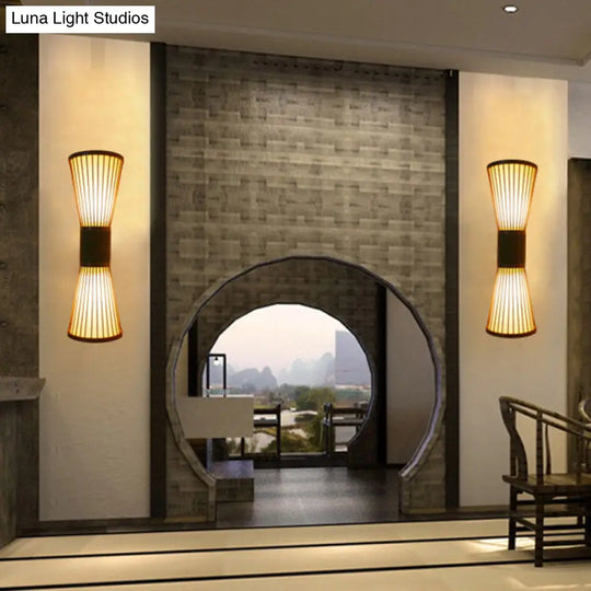 Asian Wood Wall Sconce - Corridor Light With Bamboo Hourglass Shade