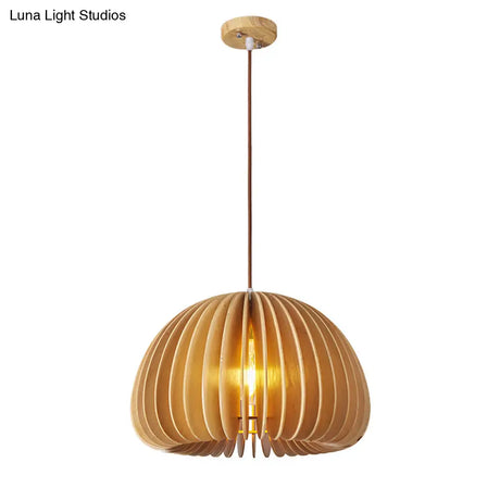 Asian Wooden Slat Hanging Lamp: Hemispherical Ceiling Light In Beige - 1 Bulb Restaurant Lighting