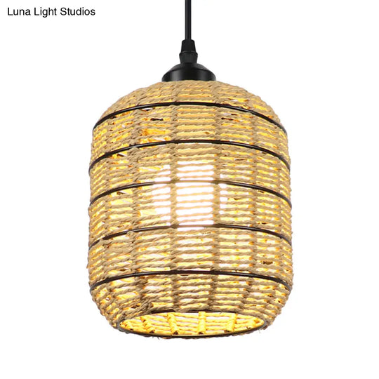 Asian Woven Rattan Lantern Suspension Pendant - Beige Single Light Lamp For Bedroom