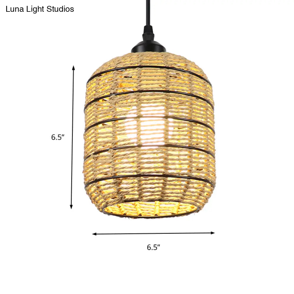 Asian Woven Rattan Lantern Suspension Pendant - Beige Single Light Lamp For Bedroom