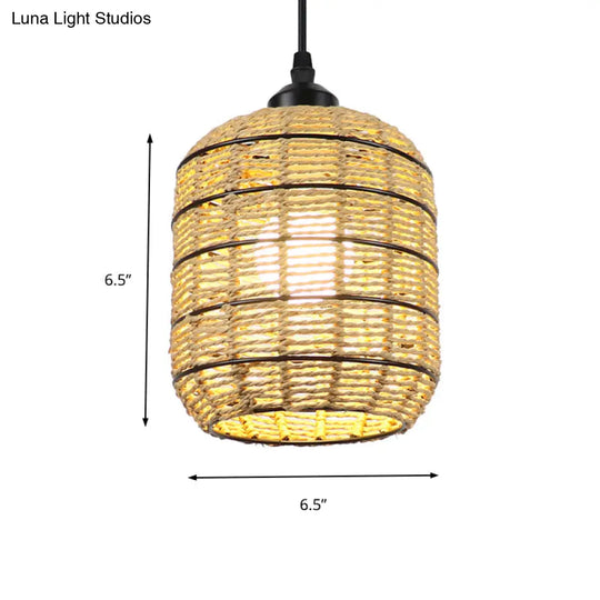 Asian Woven Rattan Lantern Suspension Pendant - Beige Single Light Lamp For Bedroom