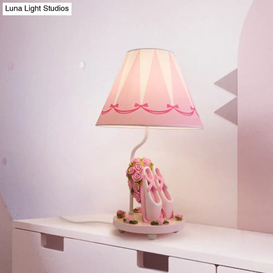Girls Ballet Shoes Bedside Lamp - Pink Resin Table Light With Cone Shade