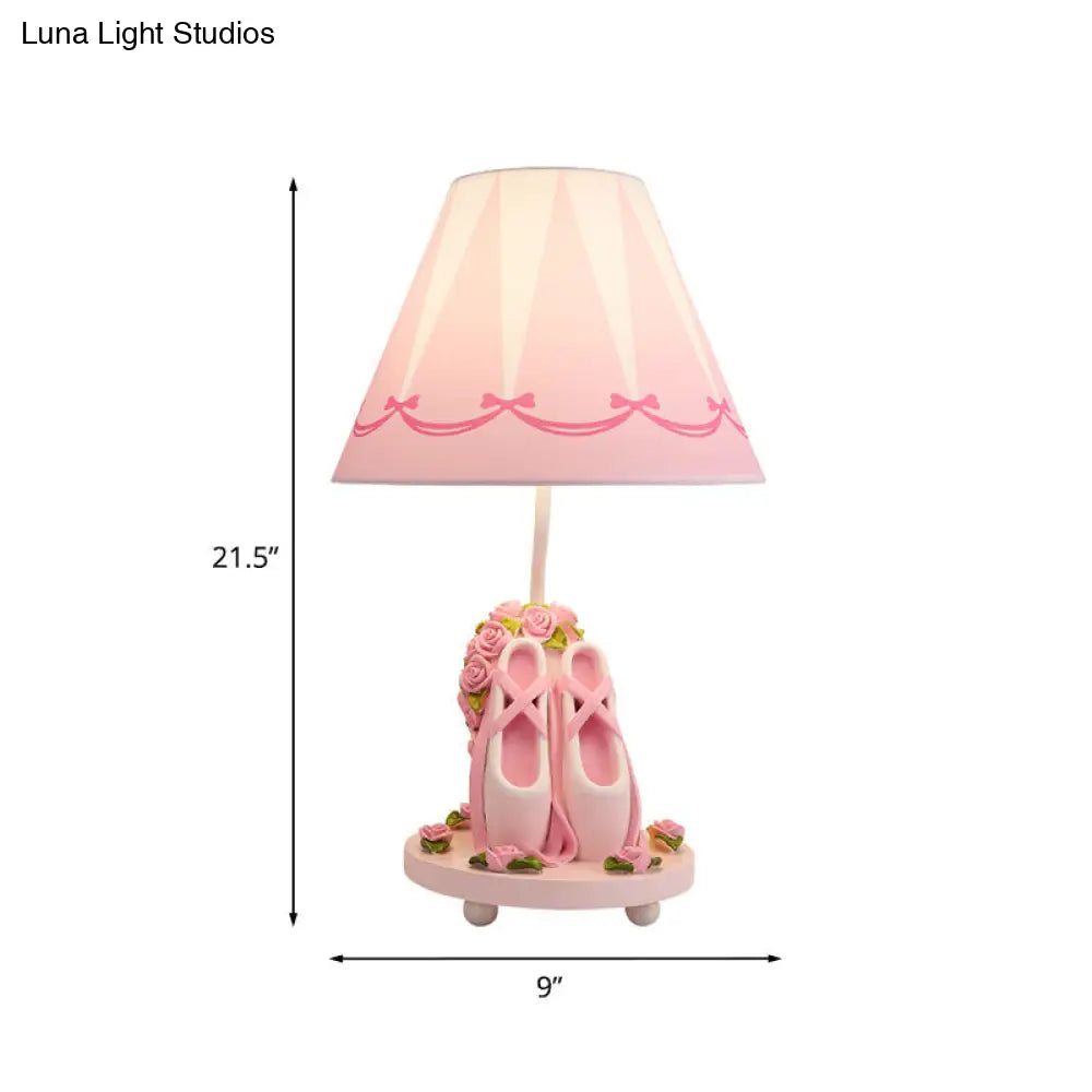 Girls Ballet Shoes Bedside Lamp - Pink Resin Table Light With Cone Shade