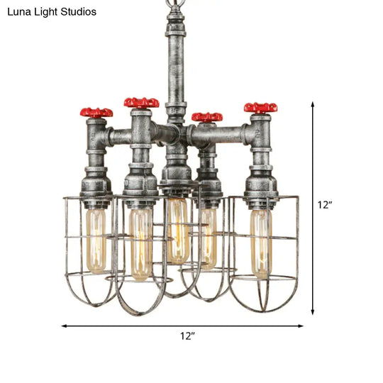 Bailey - Silver 5-Head Hanging Lighting Chandelier Pendant With Cage