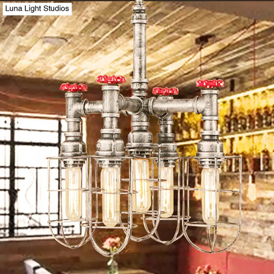 Bailey - Silver 5-Head Hanging Lighting Chandelier Pendant With Cage