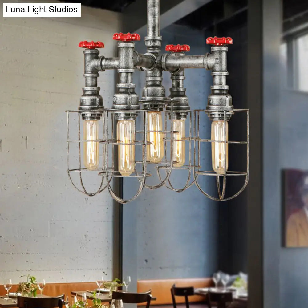 Bailey - Silver 5-Head Hanging Lighting Chandelier Pendant With Cage