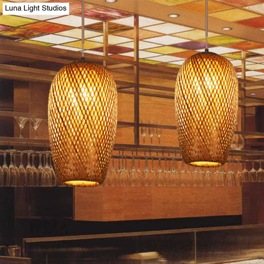 Bamboo 1-Light Pendant Lamp: Lodge Style Woven Shade Kitchen Suspension Lighting In Yellow (9/10