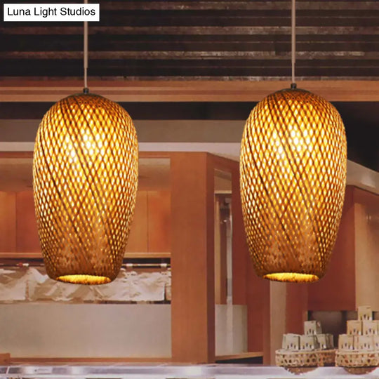 Bamboo 1-Light Pendant Lamp: Lodge Style Woven Shade Kitchen Suspension Lighting In Yellow (9/10