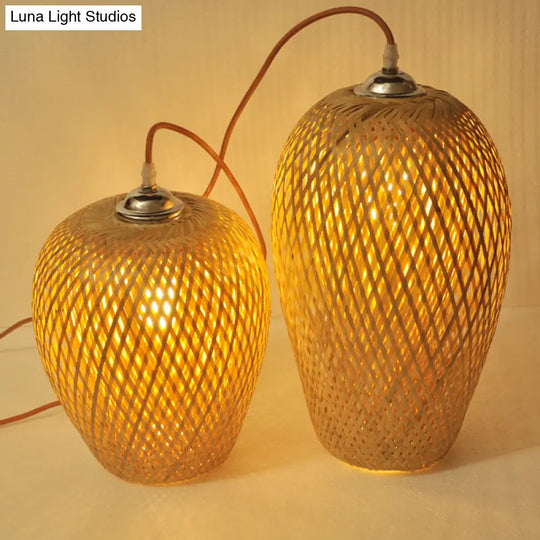 Bamboo 1-Light Pendant Lamp: Lodge Style Woven Shade Kitchen Suspension Lighting In Yellow (9/10