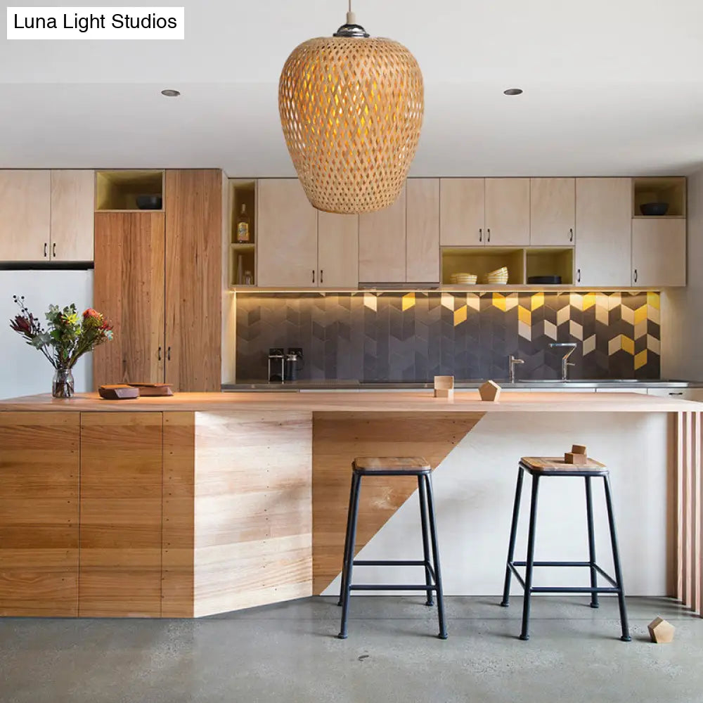 Bamboo 1-Light Pendant Lamp: Lodge Style Woven Shade Kitchen Suspension Lighting In Yellow (9/10