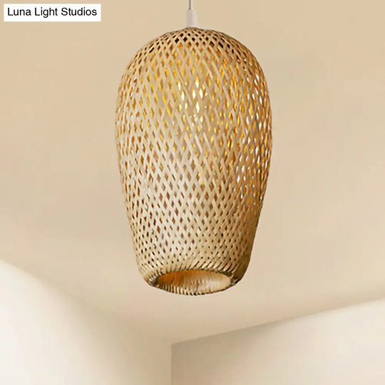 Bamboo 1-Light Pendant Lamp: Lodge Style Woven Shade Kitchen Suspension Lighting In Yellow (9/10