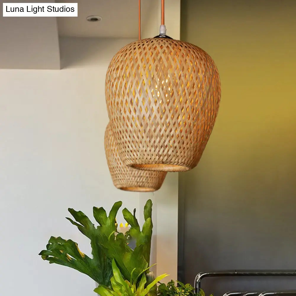 Bamboo 1-Light Pendant Lamp: Lodge Style Woven Shade Kitchen Suspension Lighting In Yellow (9/10