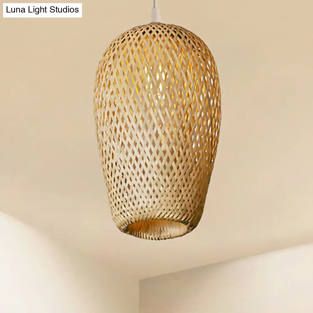Bamboo 1-Light Pendant Lamp: Lodge Style Woven Shade Kitchen Suspension Lighting In Yellow (9/10