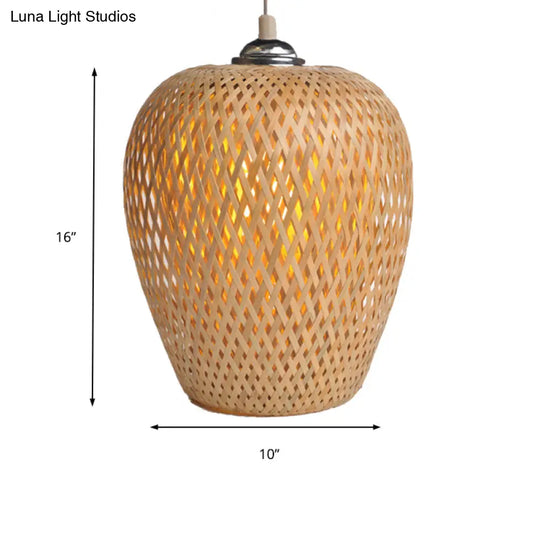 Bamboo 1-Light Pendant Lamp: Lodge Style Woven Shade Kitchen Suspension Lighting In Yellow (9/10