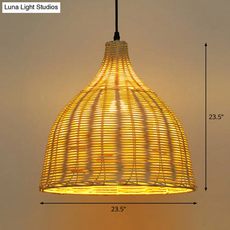 Bamboo Asian Hanging Lamp - Single-Bulb Ceiling Fixture For Restaurants In Beige