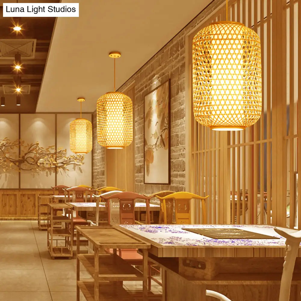 Bamboo Asian Lantern Pendant Light - Single Head Ceiling Drop For Restaurant & Dining Room Decor