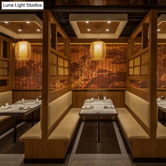 Bamboo Asian Lantern Pendant Light - Single Head Ceiling Drop For Restaurant & Dining Room Decor
