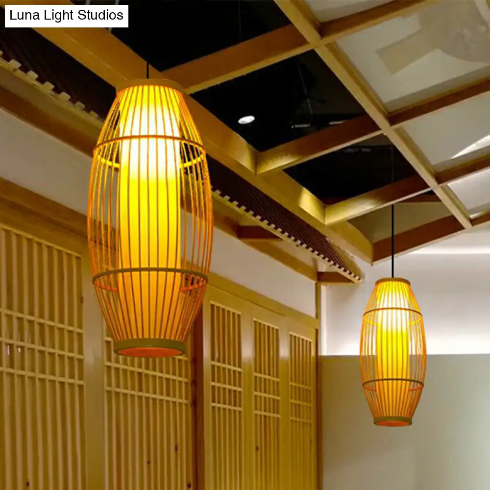 Wooden Barrel Shaped Asian Pendant Light - Bamboo 1 Bulb Restaurant Hanging Lighting