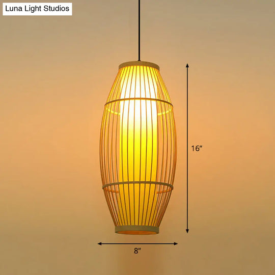 Wooden Barrel Shaped Asian Pendant Light - Bamboo 1 Bulb Restaurant Hanging Lighting Wood / 8