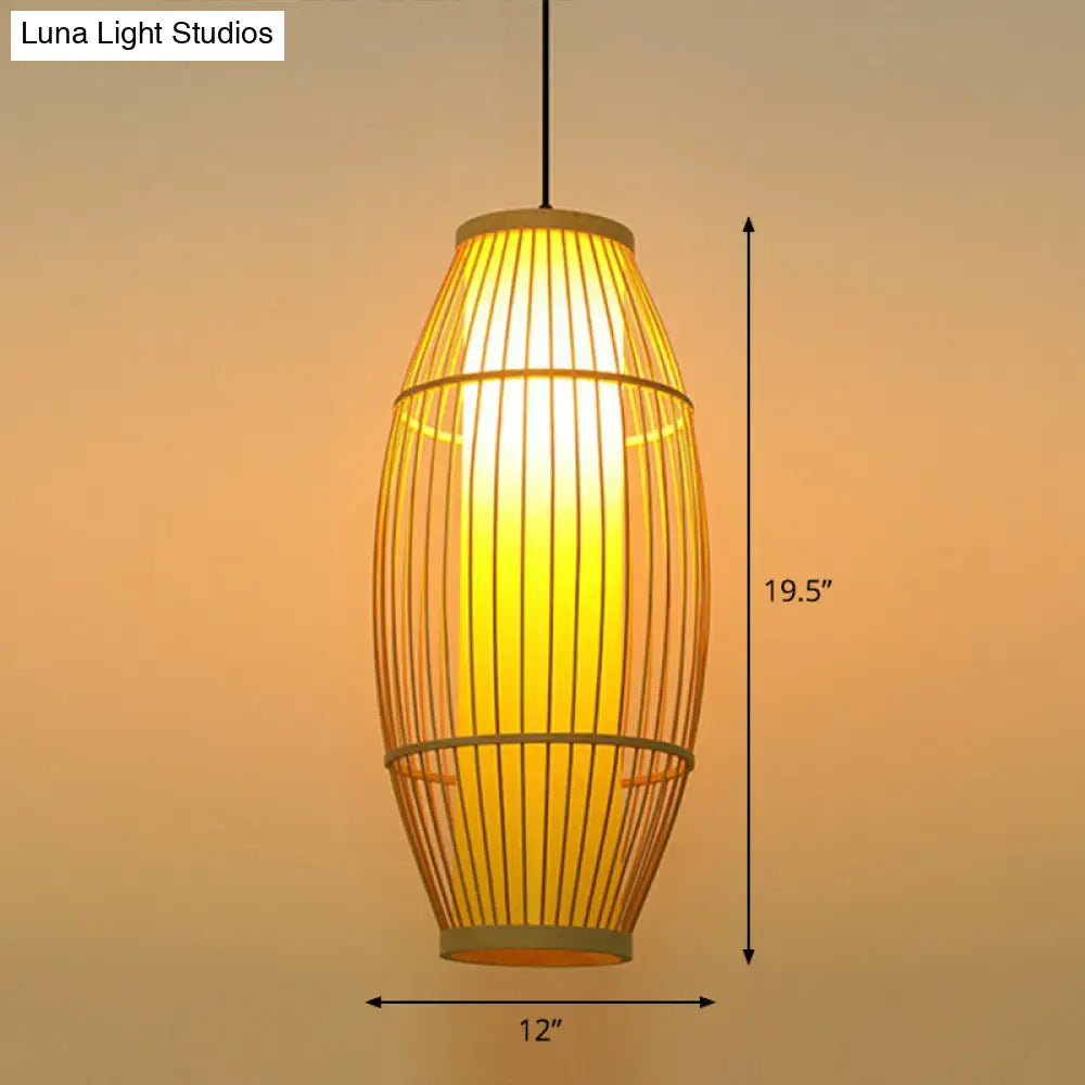 Wooden Barrel Shaped Asian Pendant Light - Bamboo 1 Bulb Restaurant Hanging Lighting Wood / 12