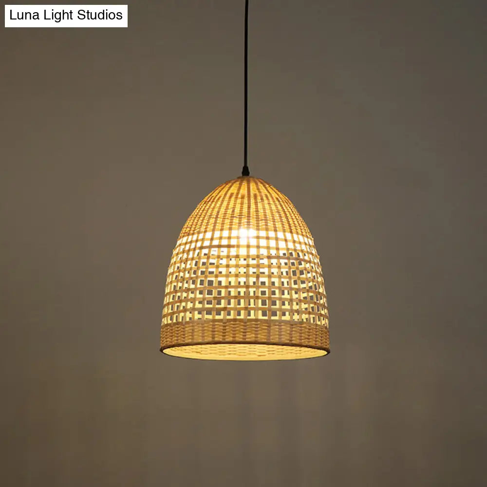 Bamboo Bell Pendant Light Rustic Wood Hanging Lamp For Restaurants