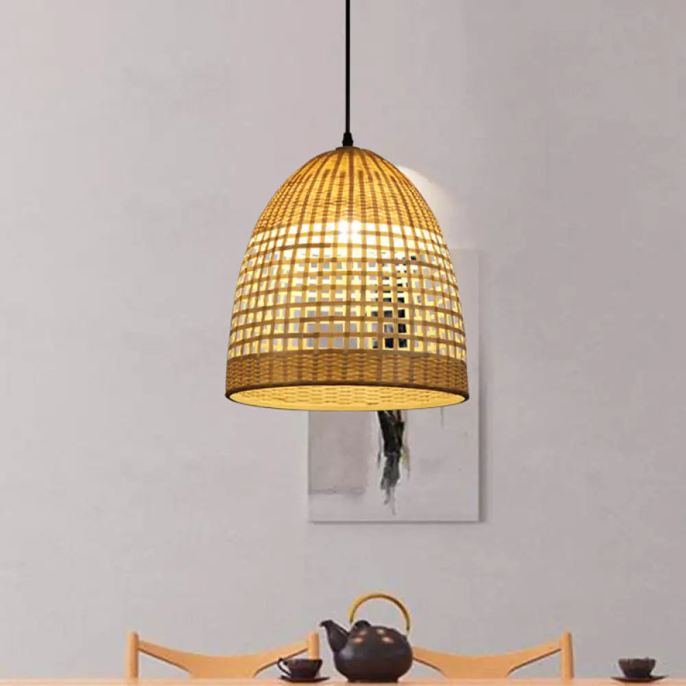 Bamboo Bell Pendant Light Rustic Wood Hanging Lamp For Restaurants