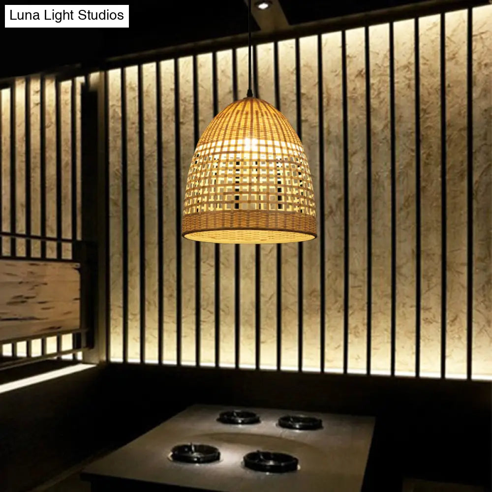 Bamboo Bell Pendant Light Rustic Wood Hanging Lamp For Restaurants