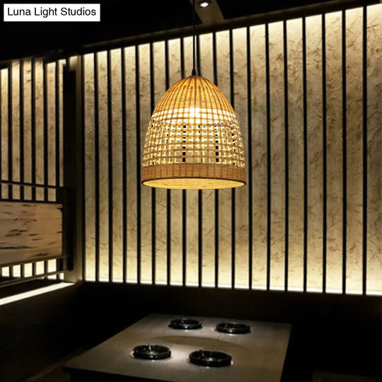 Bamboo Bell Pendant Light Rustic Wood Hanging Lamp For Restaurants