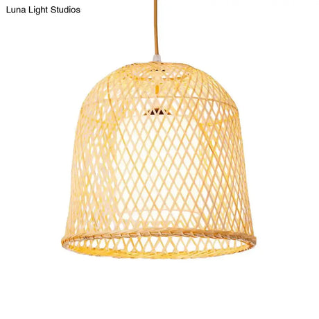 Bamboo Bell Pendant Lighting Kit With Inner White Fabric Shade
