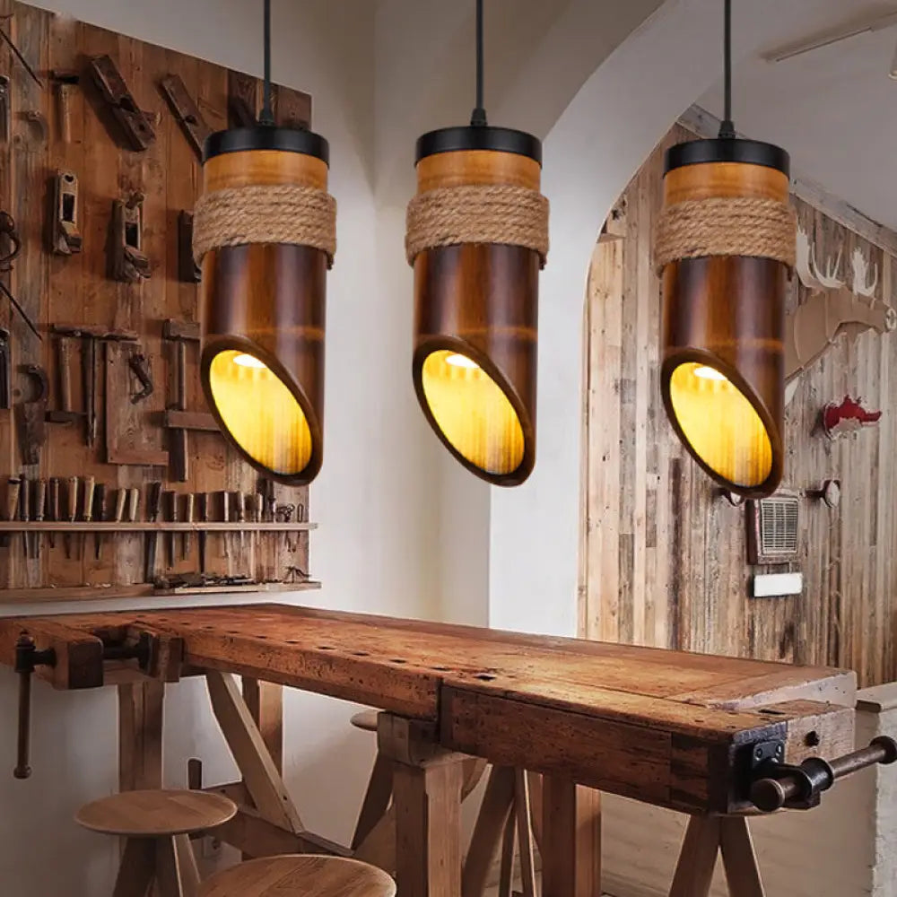 Bamboo Beveled Tube Hanging Light Fixture For Dining Room With Rope Suspension In Brown 1 /