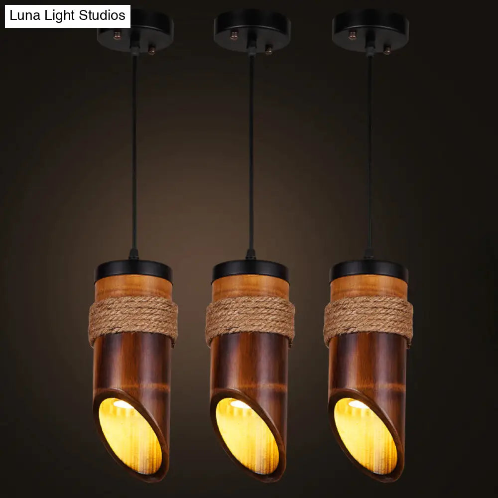 Bamboo Beveled Tube Hanging Light Fixture In Brown For Dining Room Factory Design With Rope
