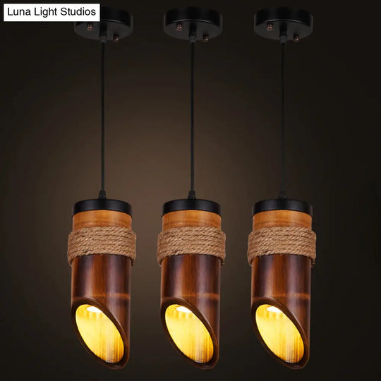 Bamboo Beveled Tube Hanging Light Fixture In Brown For Dining Room Factory Design With Rope