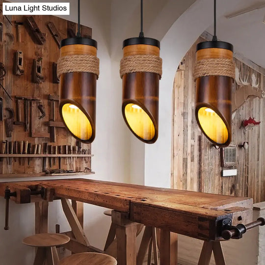 Bamboo Beveled Tube Hanging Light Fixture In Brown For Dining Room Factory Design With Rope