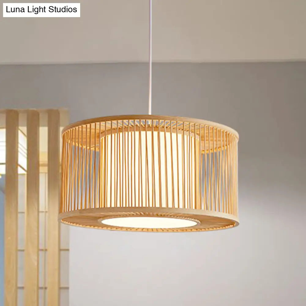 Bamboo Bistro Pendant Light - Handmade Drum Cage Asian Hanging Lamp Kit 1 Bulb With Inner Shade