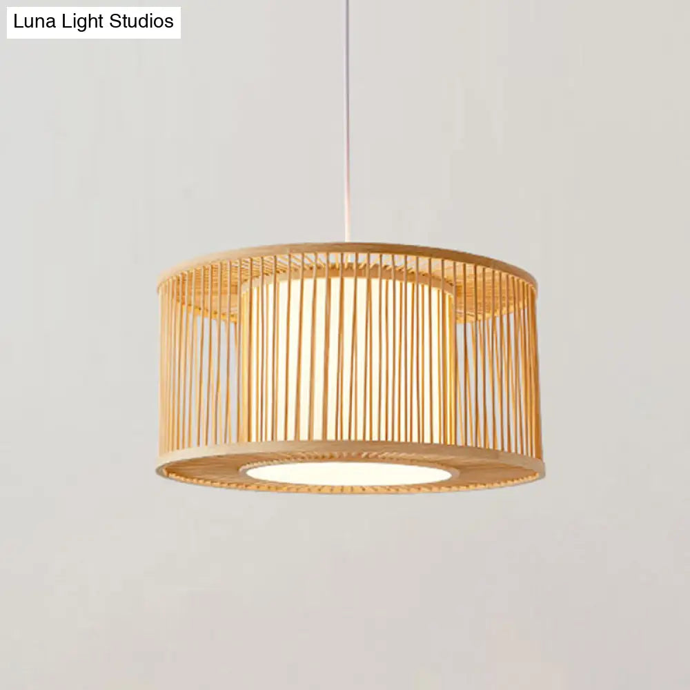 Bamboo Bistro Pendant Light - Handmade Drum Cage Asian Hanging Lamp Kit 1 Bulb With Inner Shade