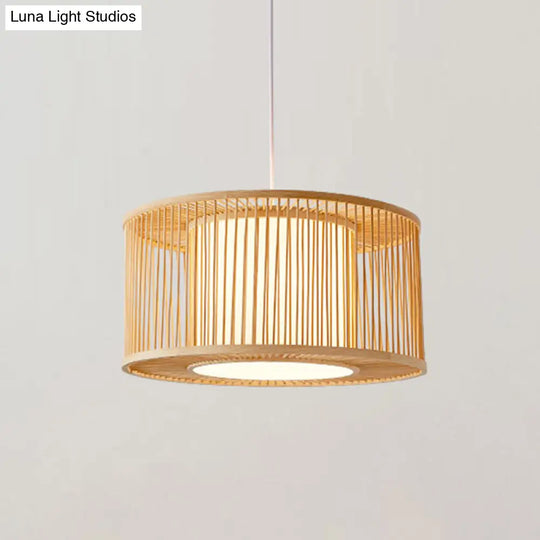 Bamboo Bistro Pendant Light - Handmade Drum Cage Asian Hanging Lamp Kit 1 Bulb With Inner Shade
