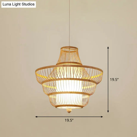 Bamboo Cage Pendant Light For Tearoom - Chinese Style 1 Bulb Beige