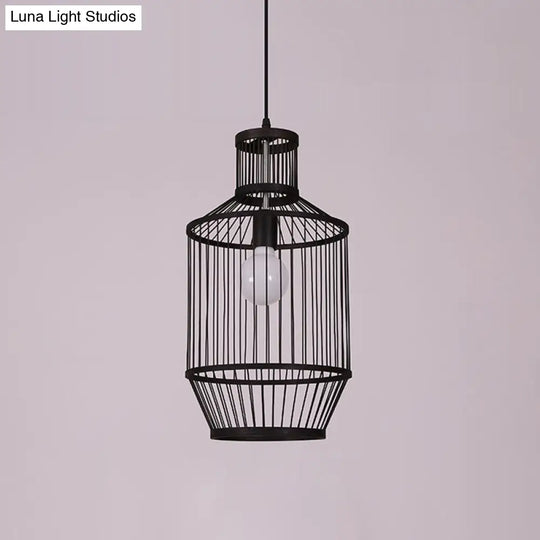 Bamboo Cage Pendant Lighting - Chinese Style 1-Light Black Ceiling Lamp