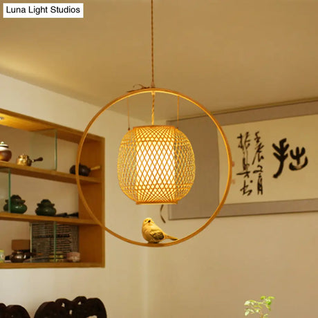 Bamboo Ceiling Light With Bird Deco: Modern Globe Hanging Lamp Kit In Beige