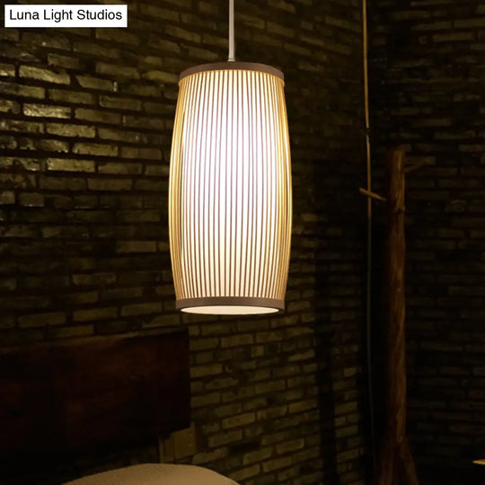 Bamboo Cylinder Dining Room Hanging Lamp - Modern Beige Light