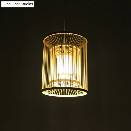 Bamboo Cylindrical Pendant Light - Wood Hanging Lamp Kit For Tearoom