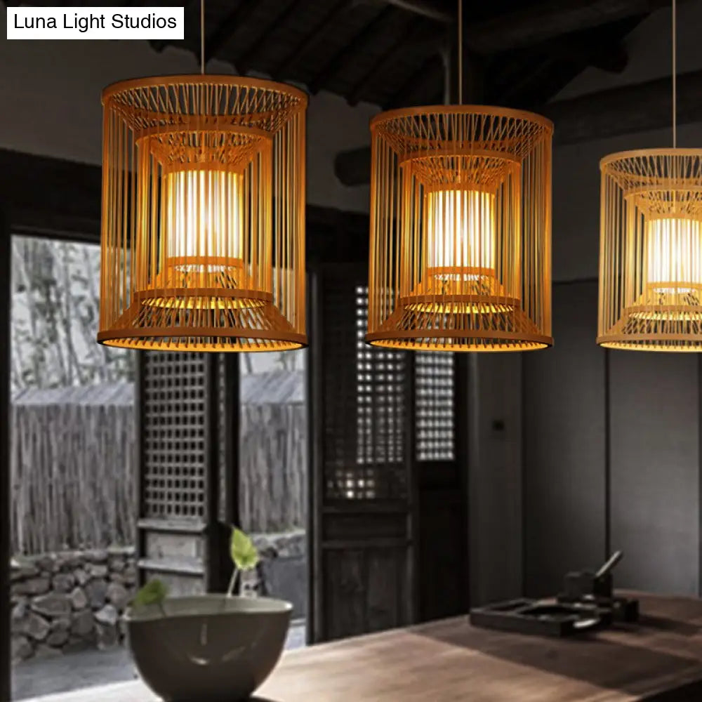 Bamboo Cylindrical Pendant Light - Wood Hanging Lamp Kit For Tearoom