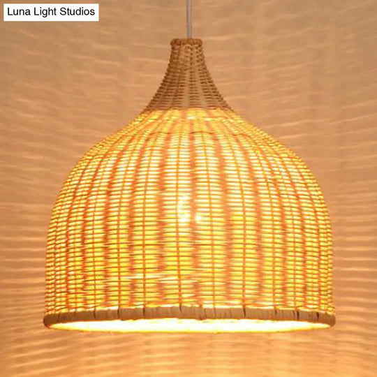 Bamboo Domed Farmhouse Pendant Lamp: Hand-Knitted Beige - 1 Light
