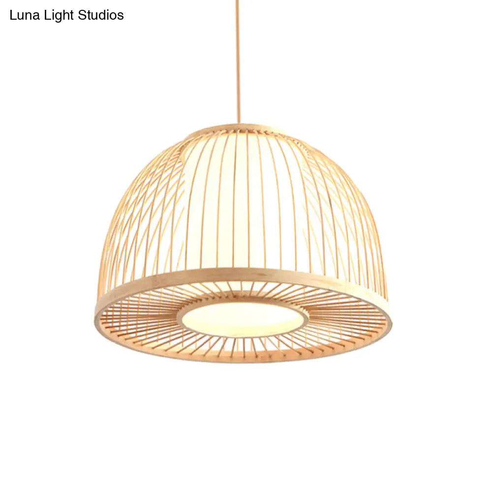Bamboo Domed Pendant Lamp With Inner Shade - Modern 1-Light Ceiling Fixture Beige 12/14 Diameter