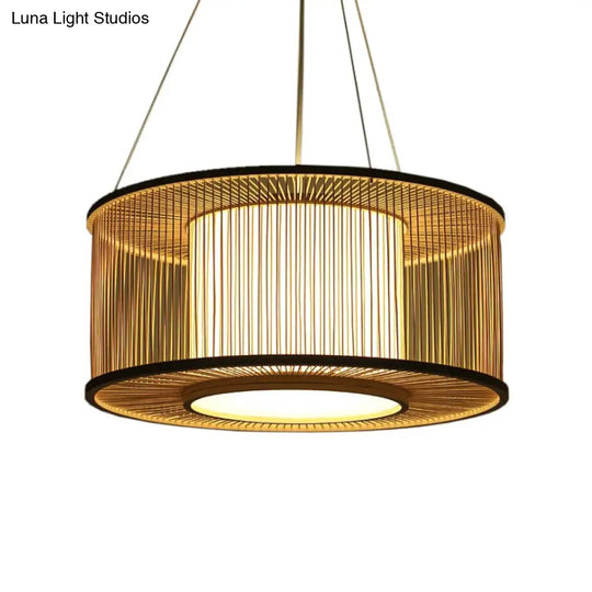 Bamboo Drum Pendant Light Kit With Wood Suspension - 1 Bulb 16/19.5 Wide