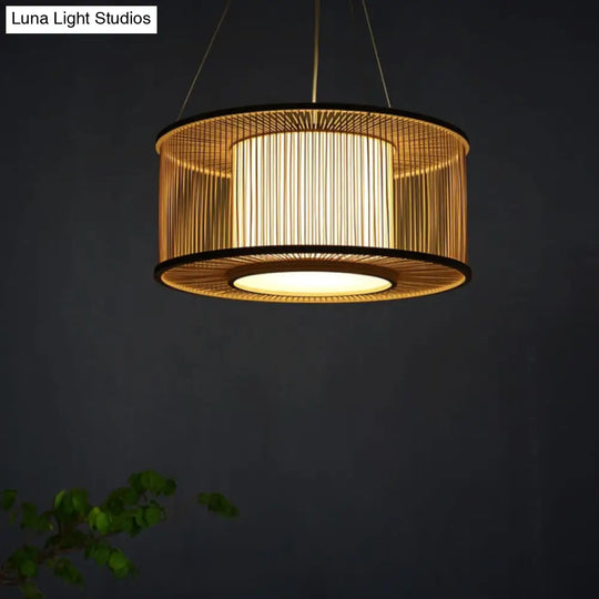 Bamboo Drum Pendant Light Kit With Wood Suspension - 1 Bulb 16/19.5 Wide