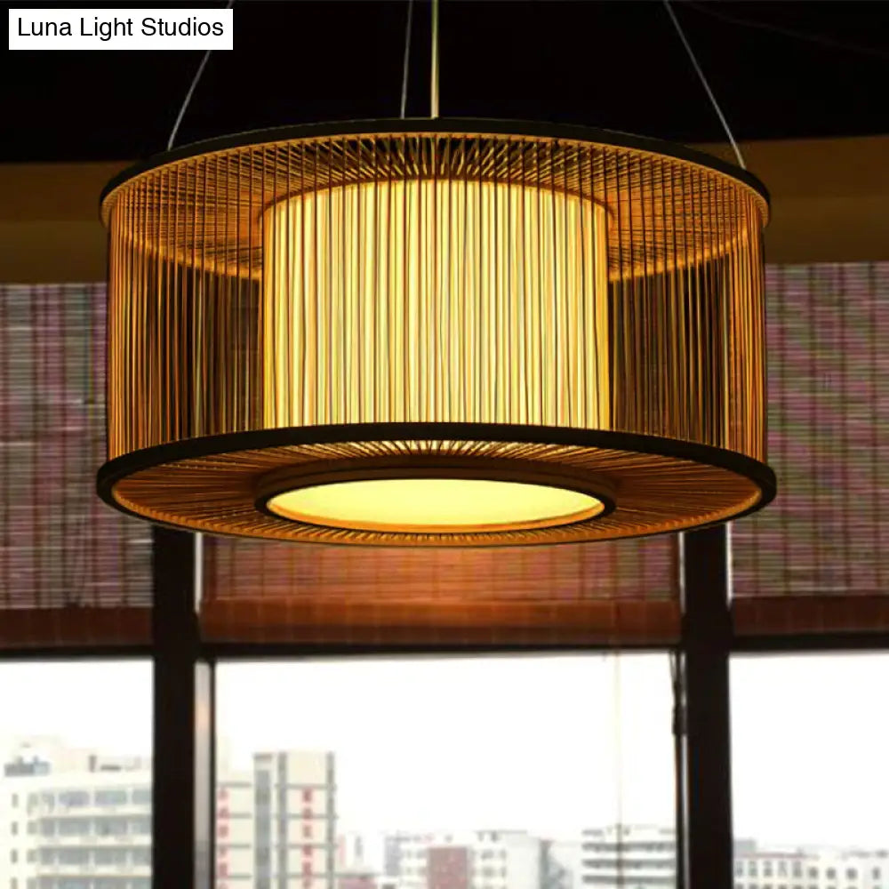 Bamboo Drum Pendant Light Kit With Wood Suspension - 1 Bulb 16/19.5 Wide