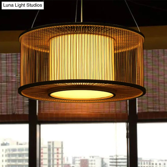 Bamboo Drum Pendant Light Kit With Wood Suspension - 1 Bulb 16/19.5 Wide