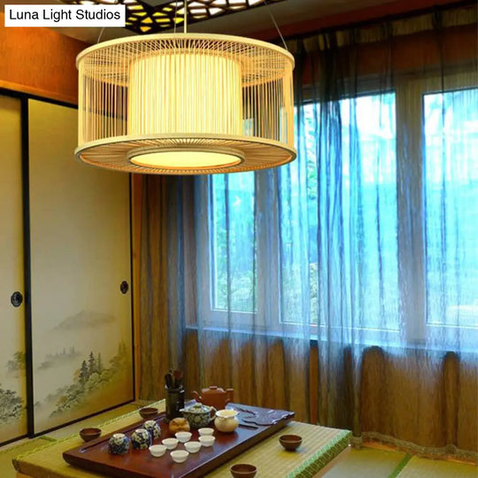 Bamboo Drum Pendant Light Kit With Wood Suspension - 1 Bulb 16/19.5 Wide