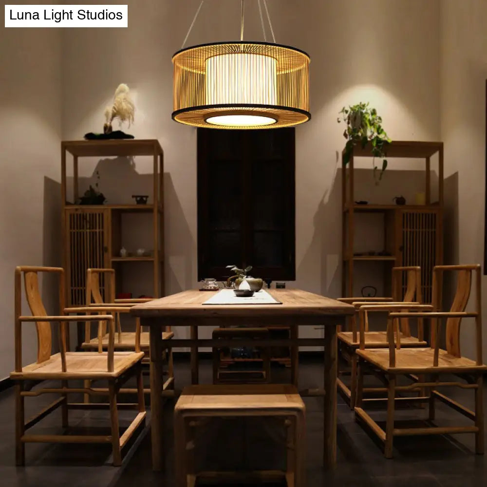 Bamboo Drum Pendant Light Kit With Wood Suspension - 1 Bulb 16/19.5 Wide